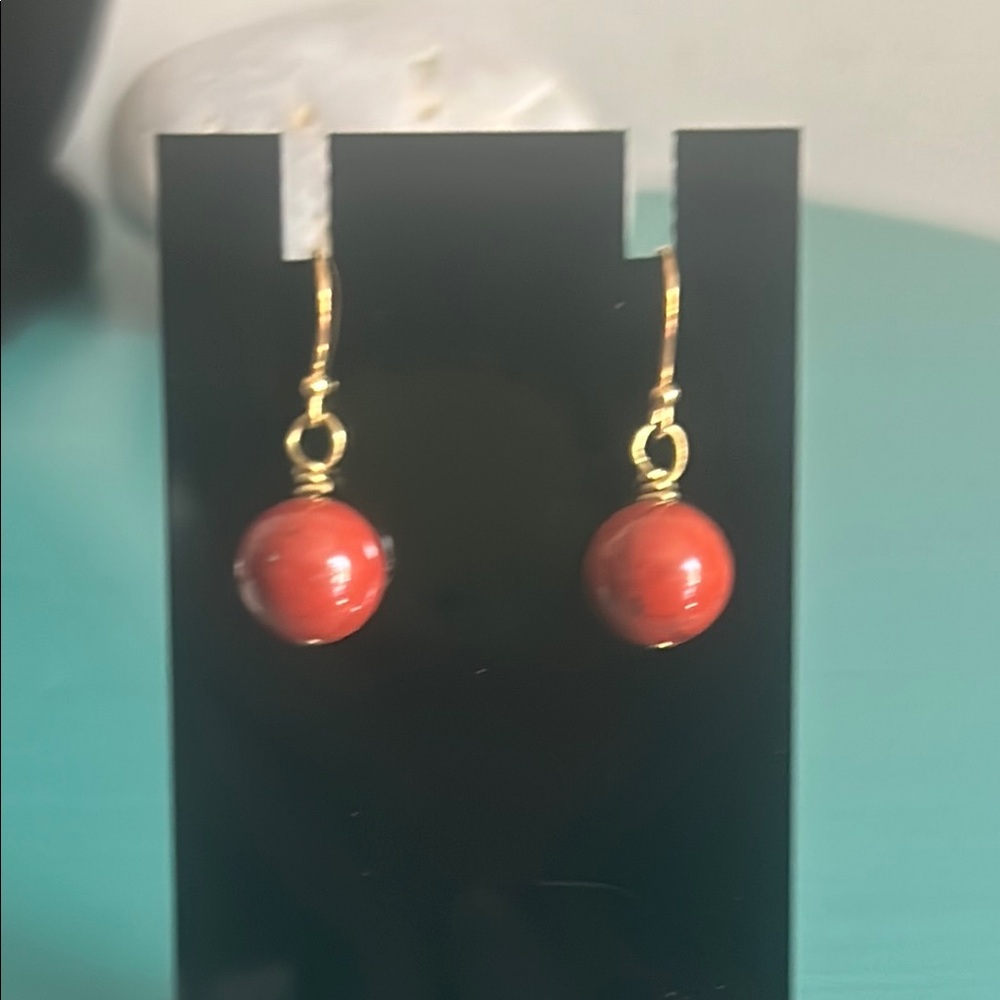New Minimalist Handcrafted Red Jasper Gemstone Polished Bead Dangle Earrings